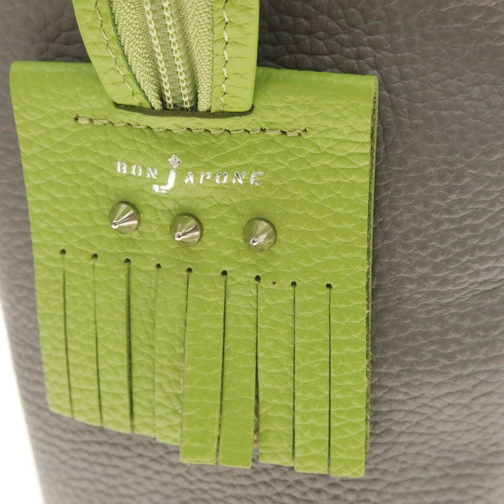 【中古】【未使用】ボンジャポネ BONJAPONE シュリンクレザー ハンドバッグ グレーxグリーン【 状態ランクS 】【 ユニセックス 】