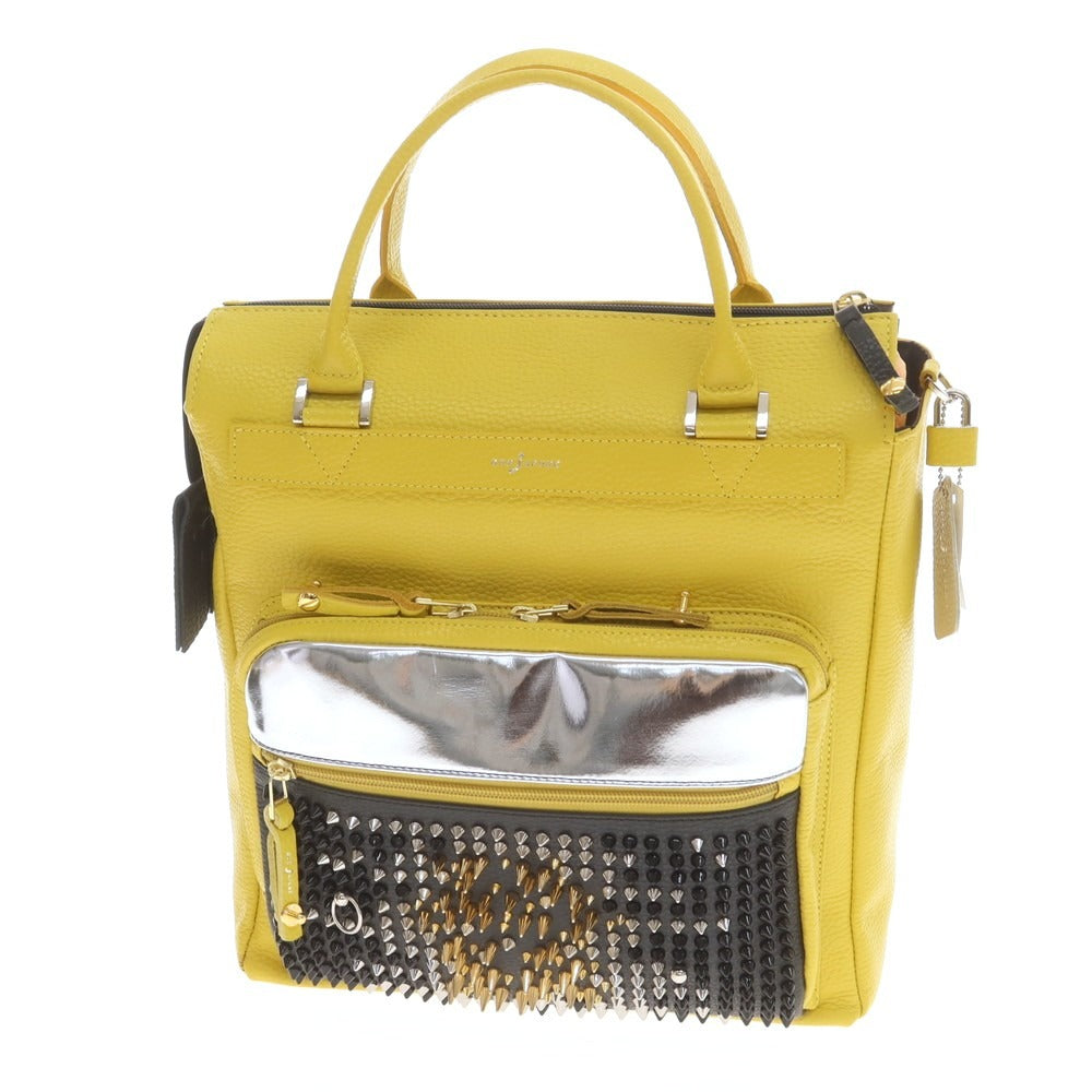 【中古】【未使用】ボンジャポネ BONJAPONE シュリンクレザー スタッズ トートバッグ イエローxブラック【 状態ランクS 】【 ユニセックス 】