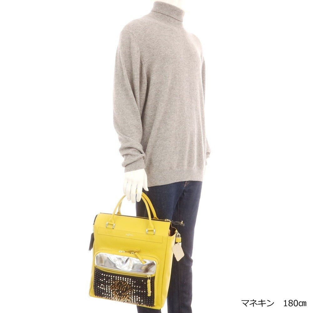 【中古】【未使用】ボンジャポネ BONJAPONE シュリンクレザー スタッズ トートバッグ イエローxブラック【 状態ランクS 】【 ユニセックス 】