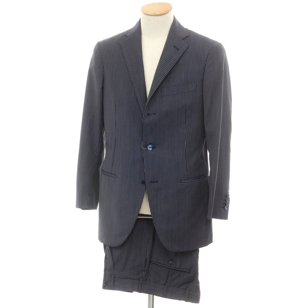 【中古】ベルベスト Belvest ウールモヘヤ ストライプ 3つボタンスーツ ダークネイビーxホワイト【 44 】【 状態ランクC 】【 メンズ 】