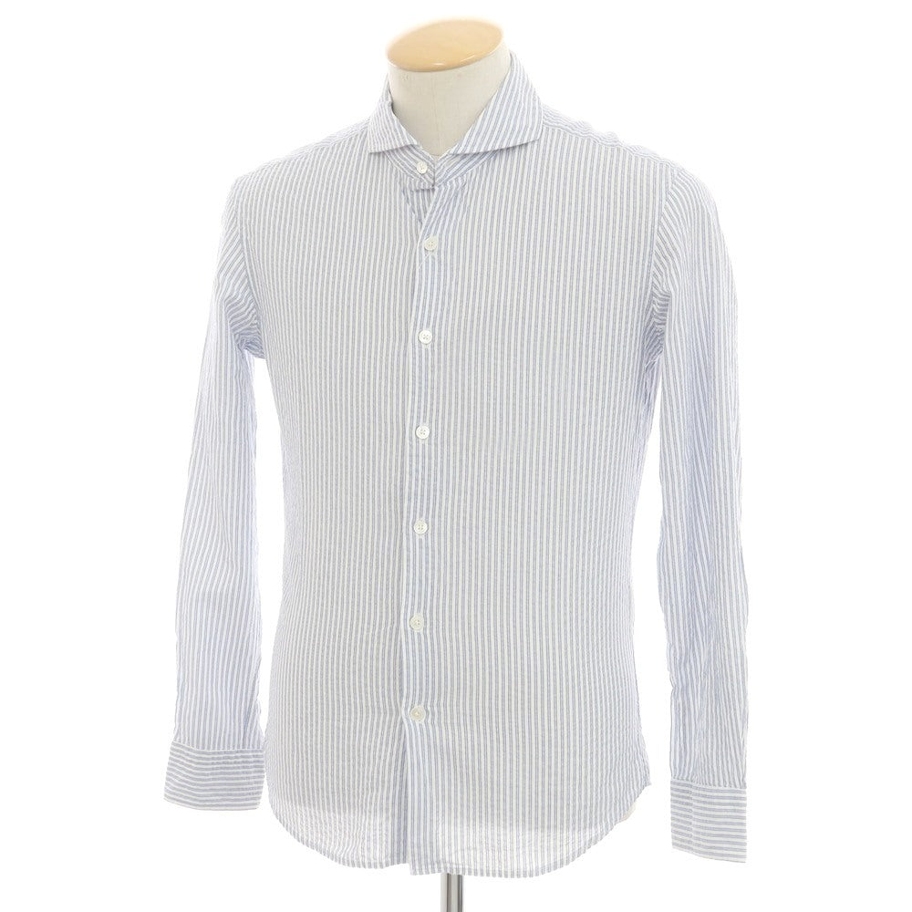 【中古】エディフィス EDIFICE コットン シアサッカー ストライプ カッタウェイ カジュアルシャツ ライトネイビーxホワイト【 S 】【 状態ランクC 】【 メンズ 】