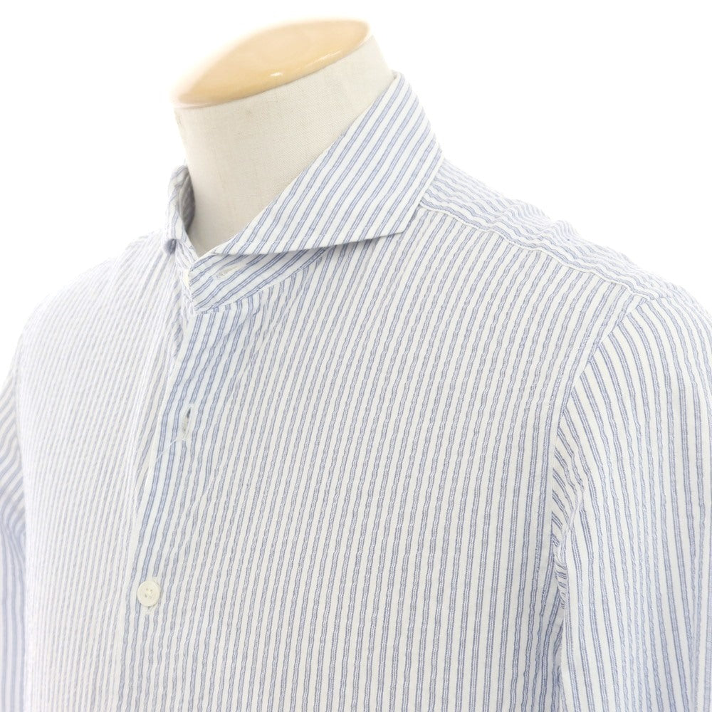 【中古】エディフィス EDIFICE コットン シアサッカー ストライプ カッタウェイ カジュアルシャツ ライトネイビーxホワイト【 S 】【 状態ランクC 】【 メンズ 】