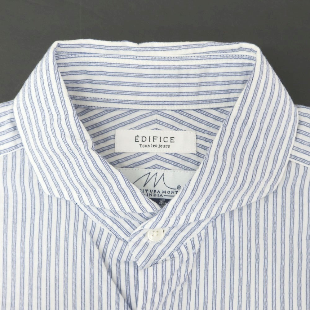 【中古】エディフィス EDIFICE コットン シアサッカー ストライプ カッタウェイ カジュアルシャツ ライトネイビーxホワイト【 S 】【 状態ランクC 】【 メンズ 】