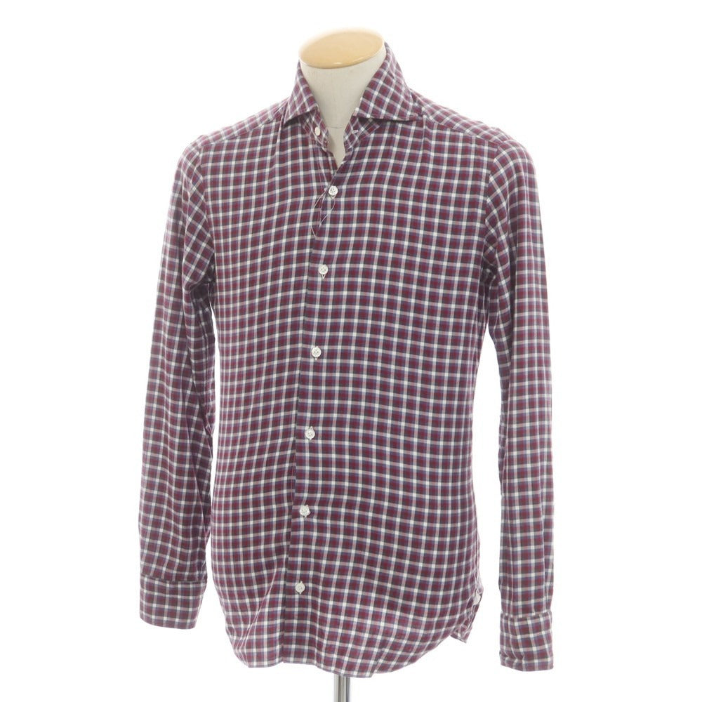 【中古】バルバ ダンディライフ BARBA DANDY LIFE コットン チェック ホリゾンタルカラー カジュアルシャツ ワインレッドxホワイト【 37 】【 状態ランクC 】【 メンズ 】