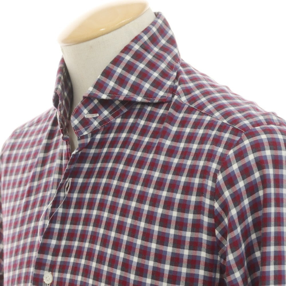 【中古】バルバ ダンディライフ BARBA DANDY LIFE コットン チェック ホリゾンタルカラー カジュアルシャツ ワインレッドxホワイト【 37 】【 状態ランクC 】【 メンズ 】
