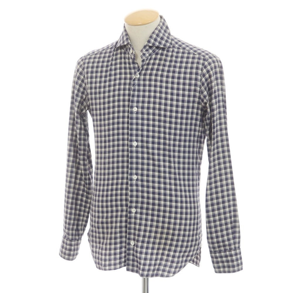 【中古】バルバ ダンディライフ BARBA DANDY LIFE コットン チェック ホリゾンタルカラー カジュアルシャツ ネイビーxグレー【 37 】【 状態ランクD 】【 メンズ 】
