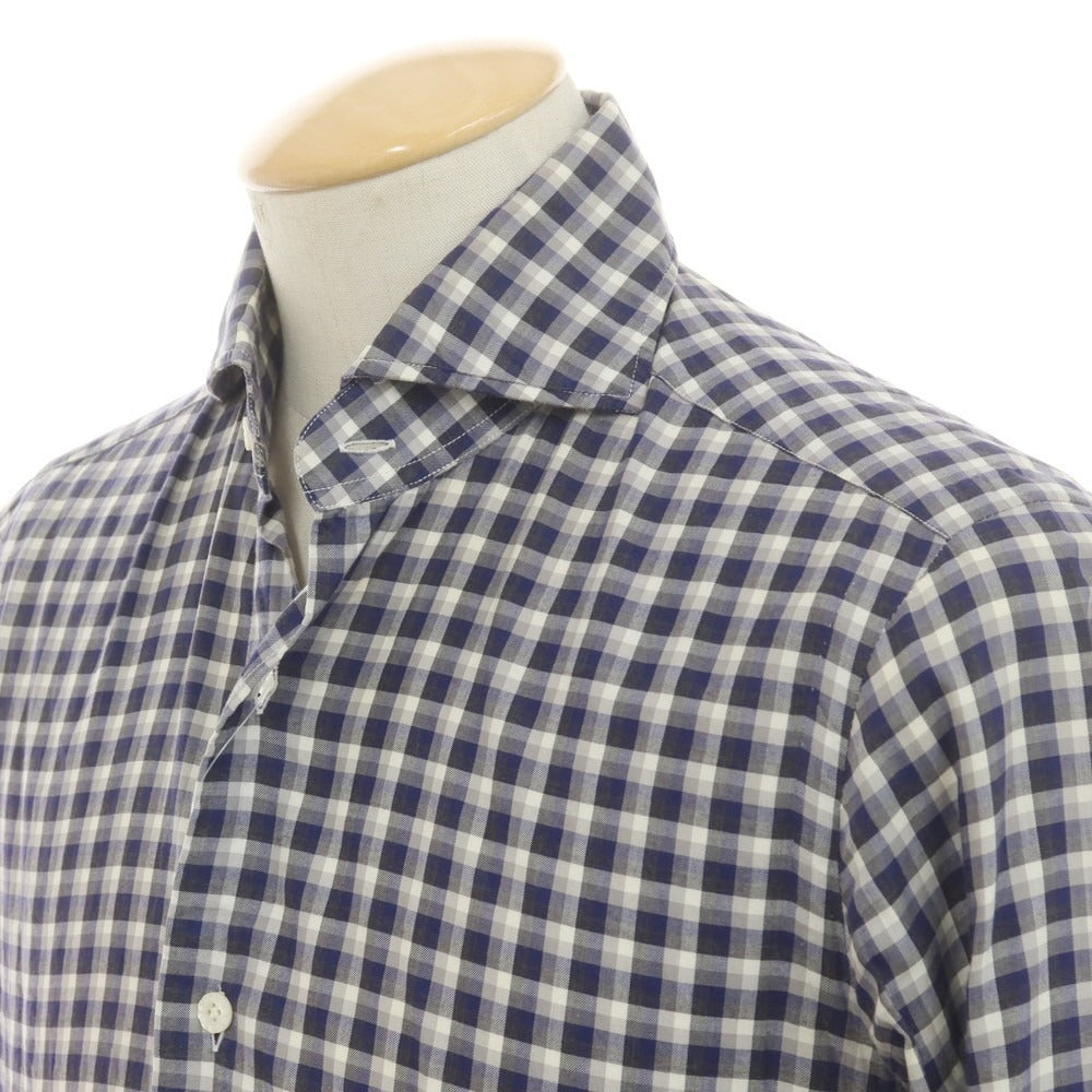 【中古】バルバ ダンディライフ BARBA DANDY LIFE コットン チェック ホリゾンタルカラー カジュアルシャツ ネイビーxグレー【 37 】【 状態ランクD 】【 メンズ 】
