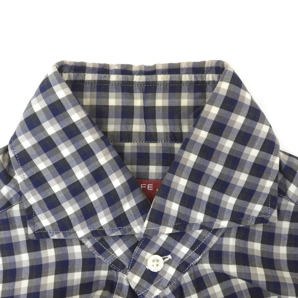 【中古】バルバ ダンディライフ BARBA DANDY LIFE コットン チェック ホリゾンタルカラー カジュアルシャツ ネイビーxグレー【 37 】【 状態ランクD 】【 メンズ 】