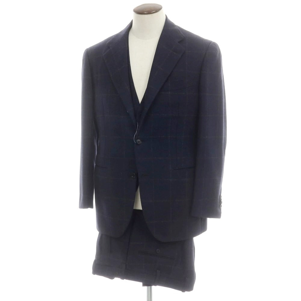 【中古】チロパオーネ キートン Ciro Paone Kiton タイユタイ別注 ウール スリーピース チェック 3つボタンスーツ ネイビーxグレー【 52 】【 状態ランクB 】【 メンズ 】