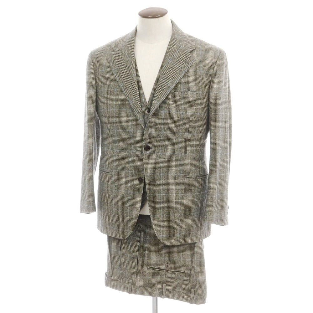 【中古】チロパオーネ キートン Ciro Paone Kiton ウールカシミヤ スリーピース チェック 3つボタンスーツ ベージュxブラック【 52 】【 状態ランクB 】【 メンズ 】