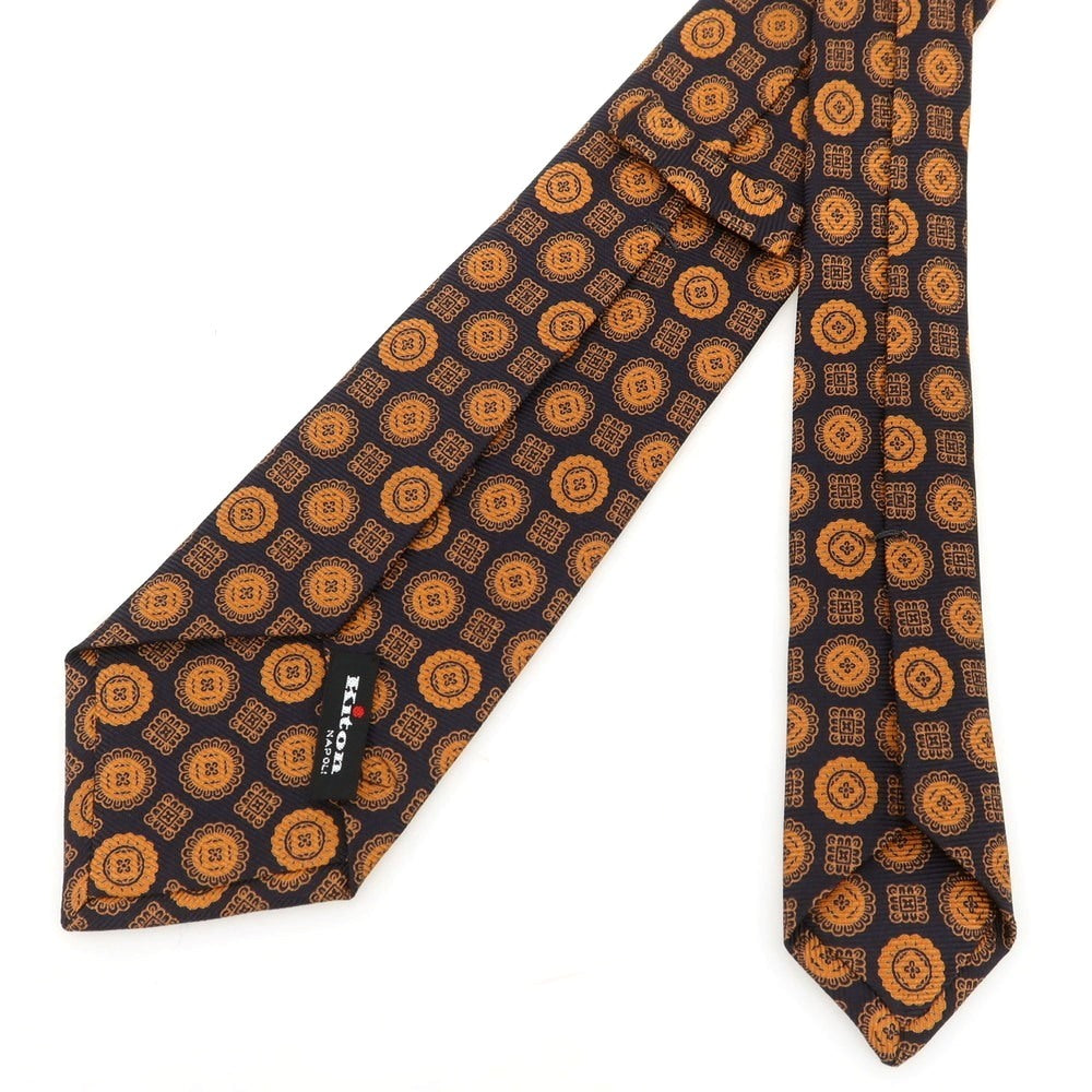 【中古】キートン Kiton クワトロピエゲ シルク 小紋柄ネクタイ ダークネイビーxオレンジ【 状態ランクA 】【 メンズ 】