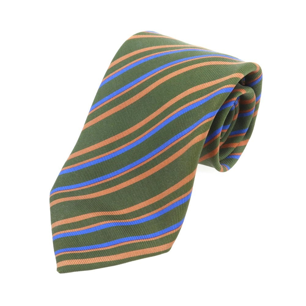 【中古】ステファノ ビジ stefano bigi 50オンスツイルシルク ストライプ柄ネクタイ モスグリーンxコーラルピンク系【 状態ランクB 】【 メンズ 】