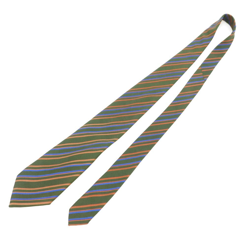 【中古】ステファノ ビジ stefano bigi 50オンスツイルシルク ストライプ柄ネクタイ モスグリーンxコーラルピンク系【 状態ランクB 】【 メンズ 】