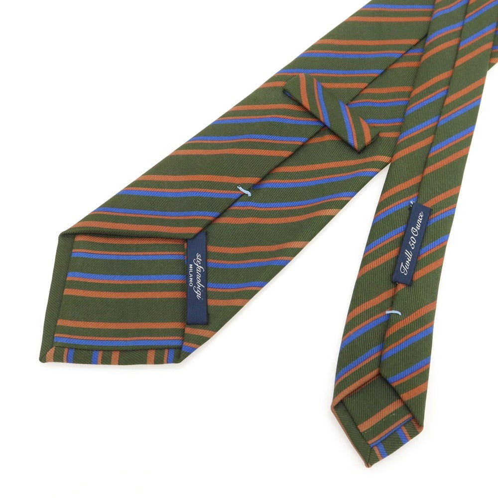 【中古】ステファノ ビジ stefano bigi 50オンスツイルシルク ストライプ柄ネクタイ モスグリーンxコーラルピンク系【 状態ランクB 】【 メンズ 】