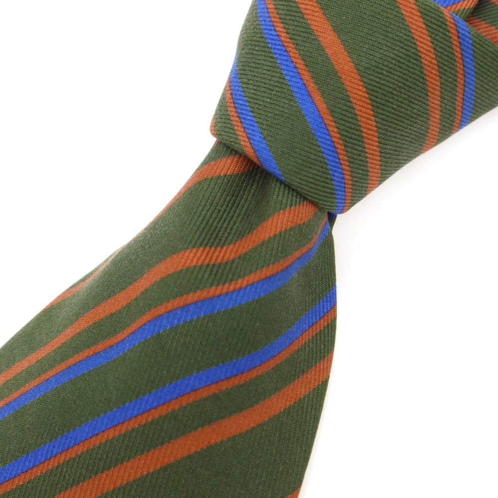 【中古】ステファノ ビジ stefano bigi 50オンスツイルシルク ストライプ柄ネクタイ モスグリーンxコーラルピンク系【 状態ランクB 】【 メンズ 】