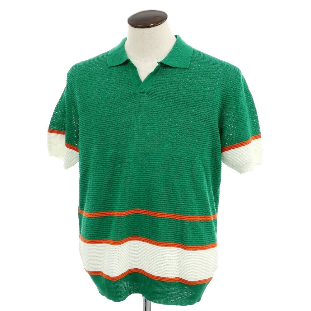 【新品】ガリア GALLIA リネンコットン スキッパー 半袖 ポロニット グリーンxホワイト【 52 】【 状態ランクN 】【 メンズ 】