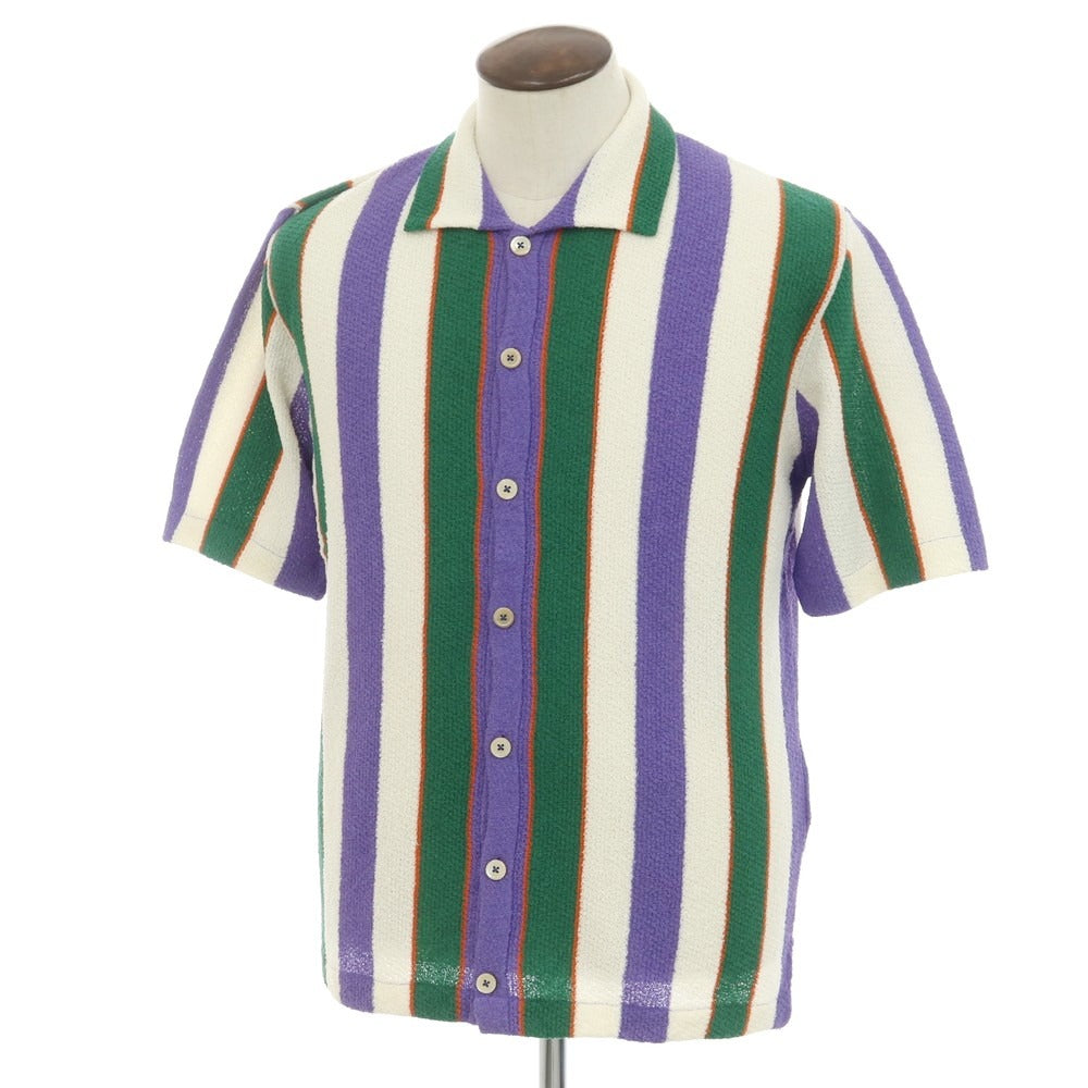 【新品】ガリア GALLIA コットンナイロン ストライプ 襟付き 半袖 ニット カーディガン パープルxホワイト【 50 】【 状態ランクN 】【 メンズ 】