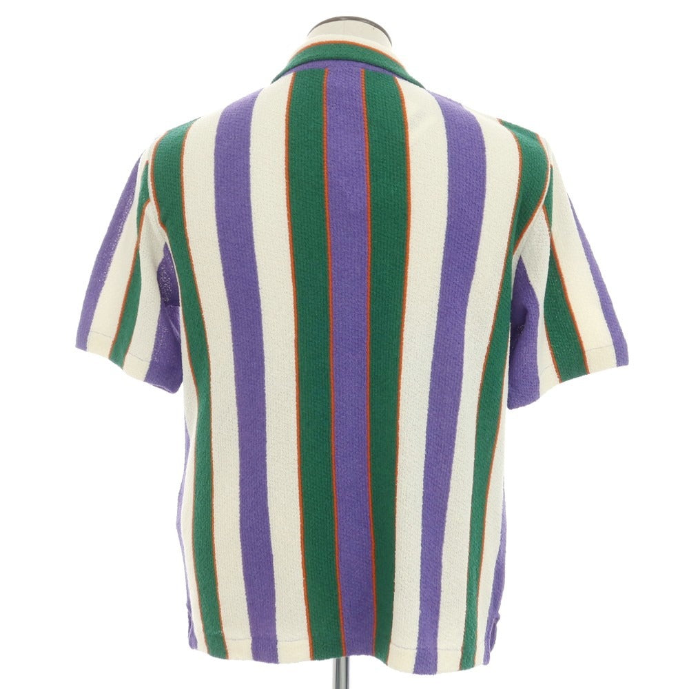 【新品】ガリア GALLIA コットンナイロン ストライプ 襟付き 半袖 ニット カーディガン パープルxホワイト【 50 】【 状態ランクN 】【 メンズ 】