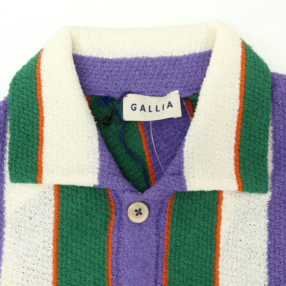 【新品】ガリア GALLIA コットンナイロン ストライプ 襟付き 半袖 ニット カーディガン パープルxホワイト【 50 】【 状態ランクN 】【 メンズ 】