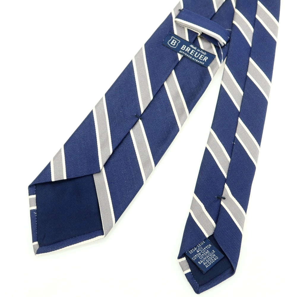 【新品】ブリューワー BREUER シルクコットン ストライプ柄ネクタイ ネイビーxグレー【 状態ランクN 】【 メンズ 】