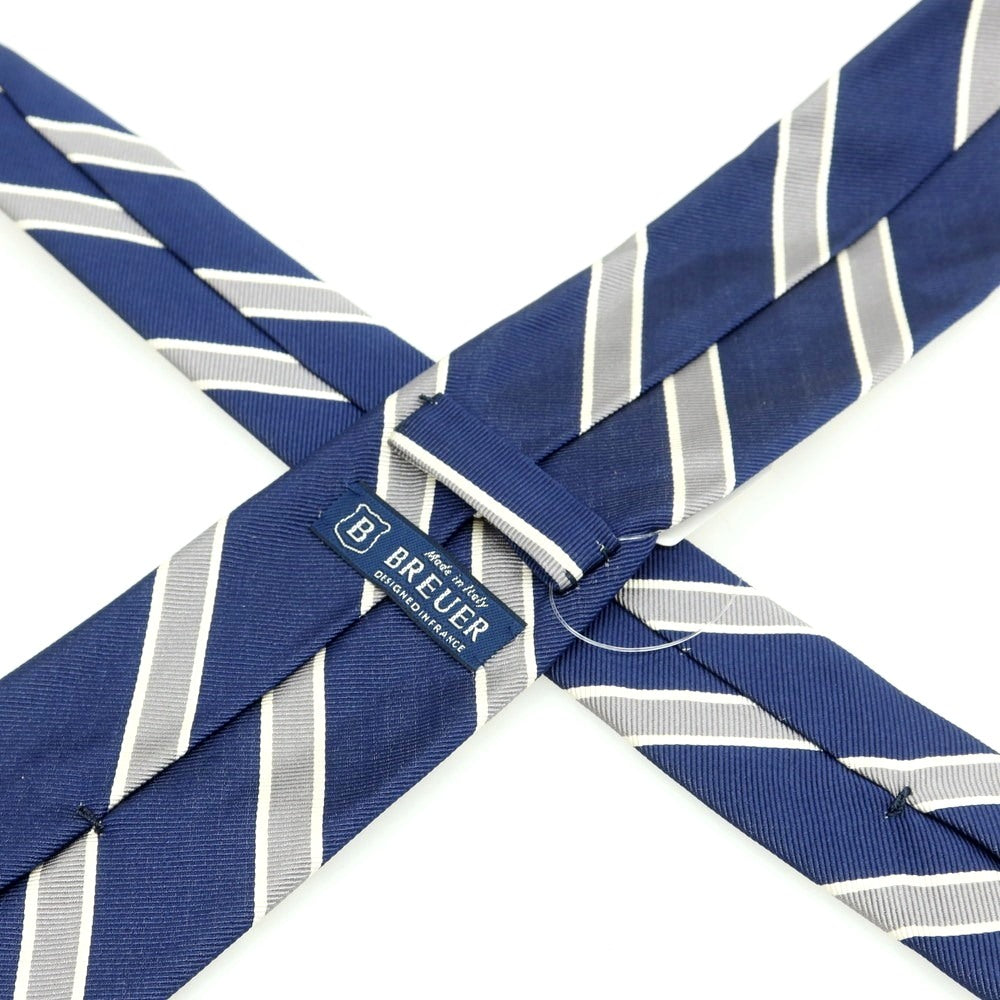 【新品】ブリューワー BREUER シルクコットン ストライプ柄ネクタイ ネイビーxグレー【 状態ランクN 】【 メンズ 】