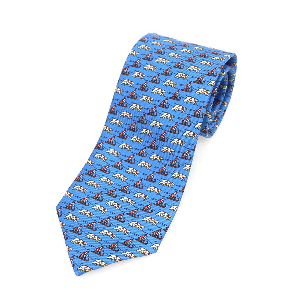 【中古】エルメス HERMES シルク プリント 小紋柄ネクタイ ブルー【 状態ランクA 】【 メンズ 】