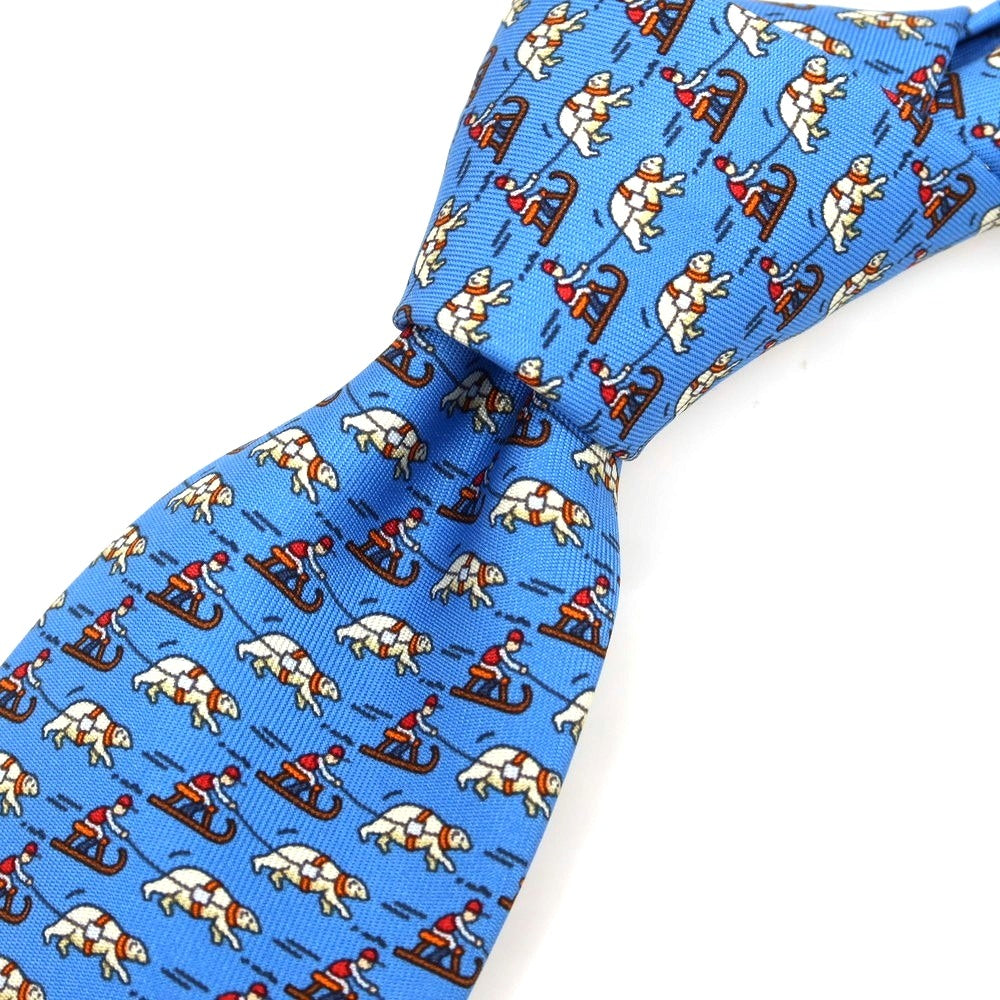 【中古】エルメス HERMES シルク プリント 小紋柄ネクタイ ブルー【 状態ランクA 】【 メンズ 】