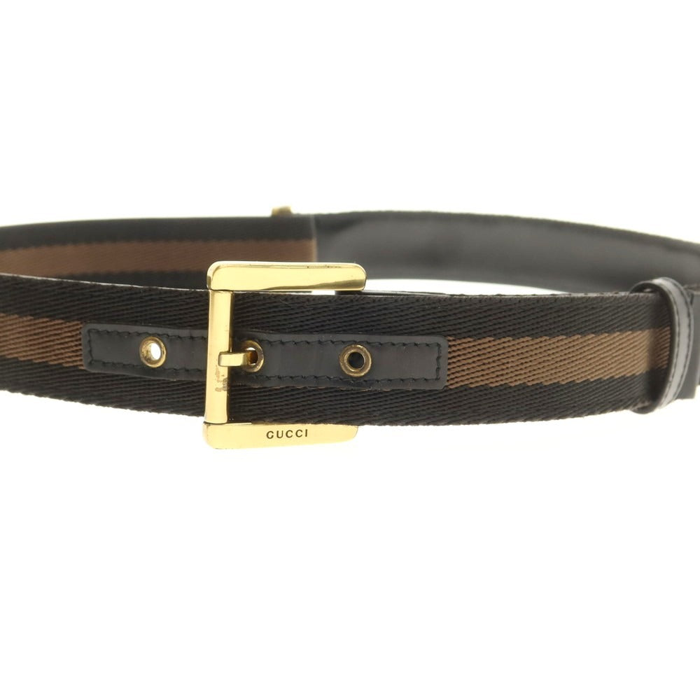 【中古】グッチ GUCCI キャンバス レザー ライン ベルト ブラックxカーキ【 85 】【 状態ランクC 】【 メンズ 】