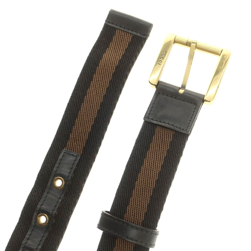 【中古】グッチ GUCCI キャンバス レザー ライン ベルト ブラックxカーキ【 85 】【 状態ランクC 】【 メンズ 】