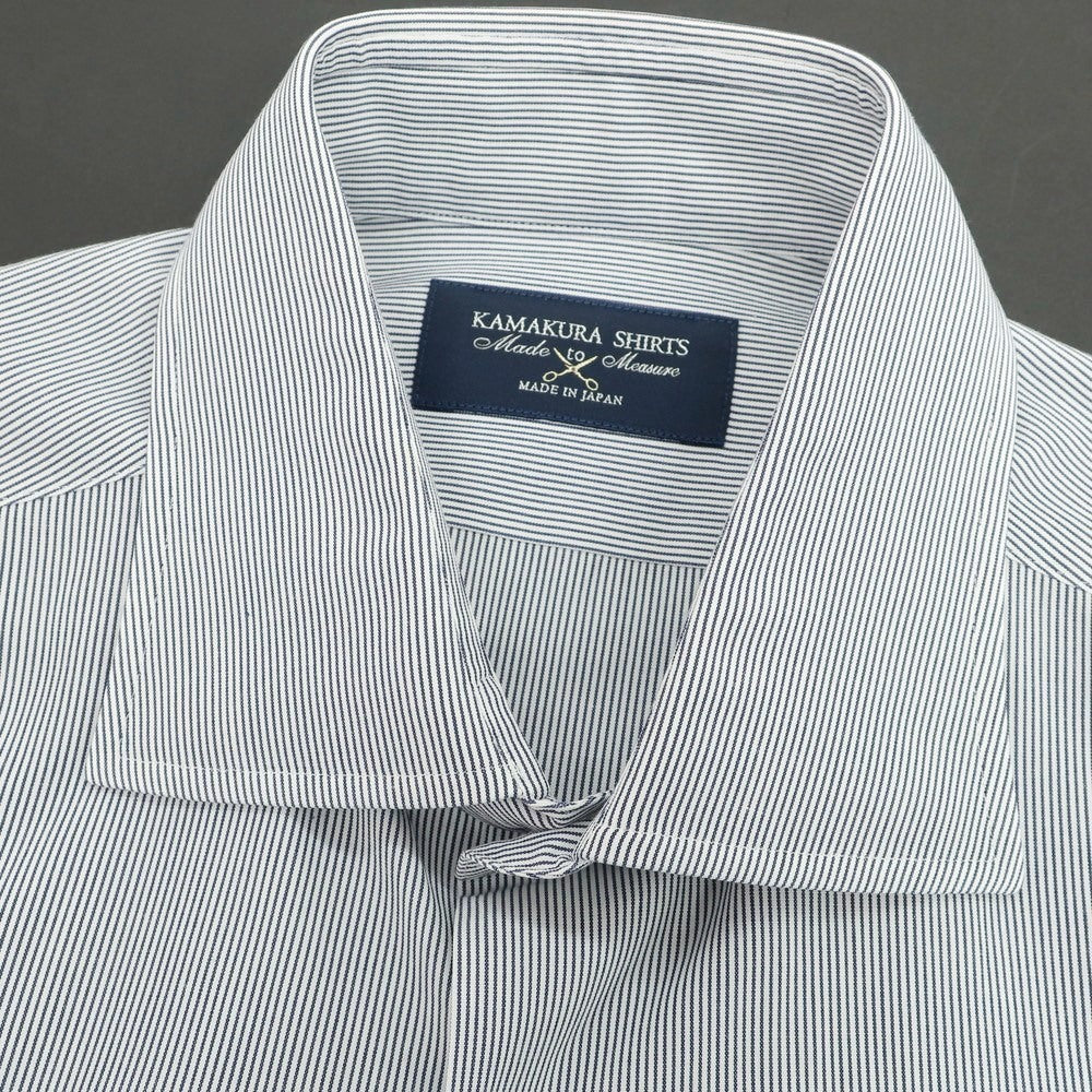 【中古】メイカーズシャツ カマクラ Makers Shirt 鎌倉 コットン ストライプ セミワイドカラー ドレスシャツ ホワイトxネイビー【 表記なし(M位) 】【 状態ランクB 】【 メンズ 】