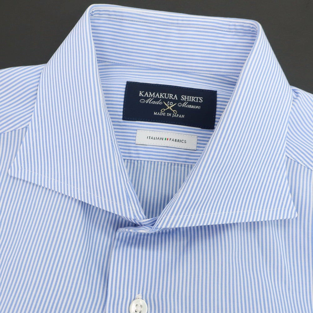 【中古】メイカーズシャツ カマクラ Makers Shirt 鎌倉 コットン ストライプ ワイドカラー ドレスシャツ ライトブルーxホワイト【 表記なし(M位) 】【 状態ランクC 】【 メンズ 】