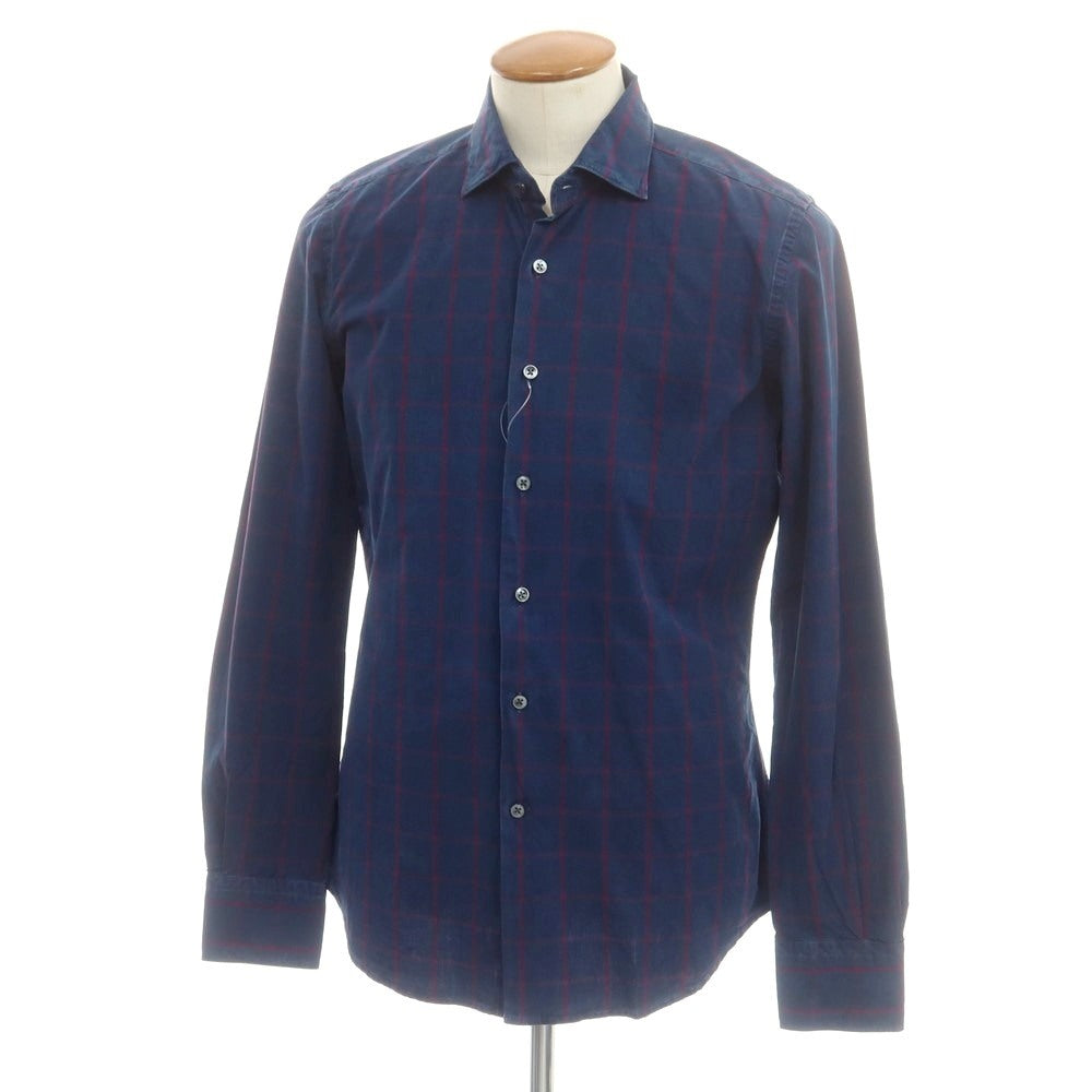【中古】グランシャツ Glanshirt コットン チェック セミワイドカラー カジュアルシャツ ネイビー【 40 】【 状態ランクA 】【 メンズ 】