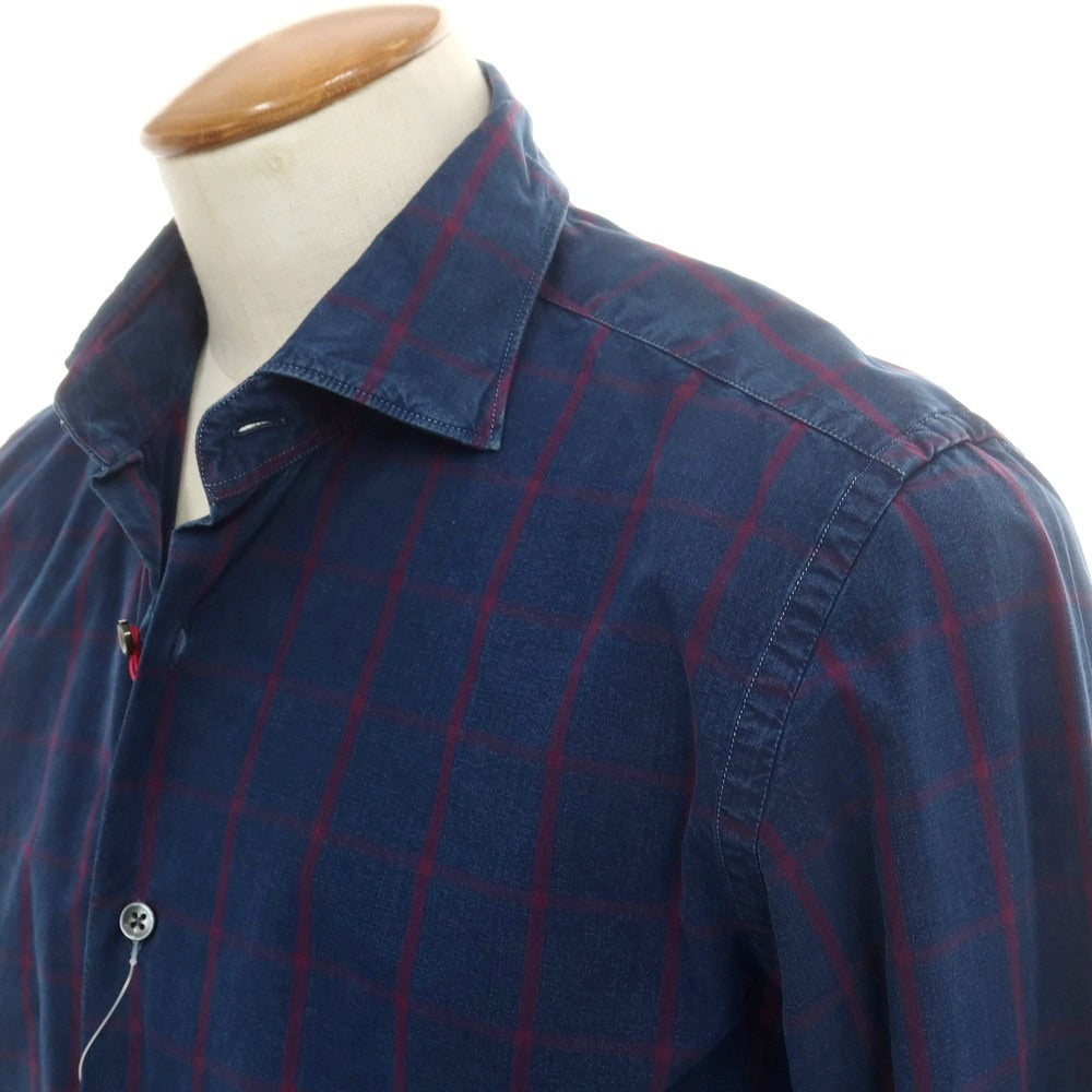 【中古】グランシャツ Glanshirt コットン チェック セミワイドカラー カジュアルシャツ ネイビー【 40 】【 状態ランクA 】【 メンズ 】