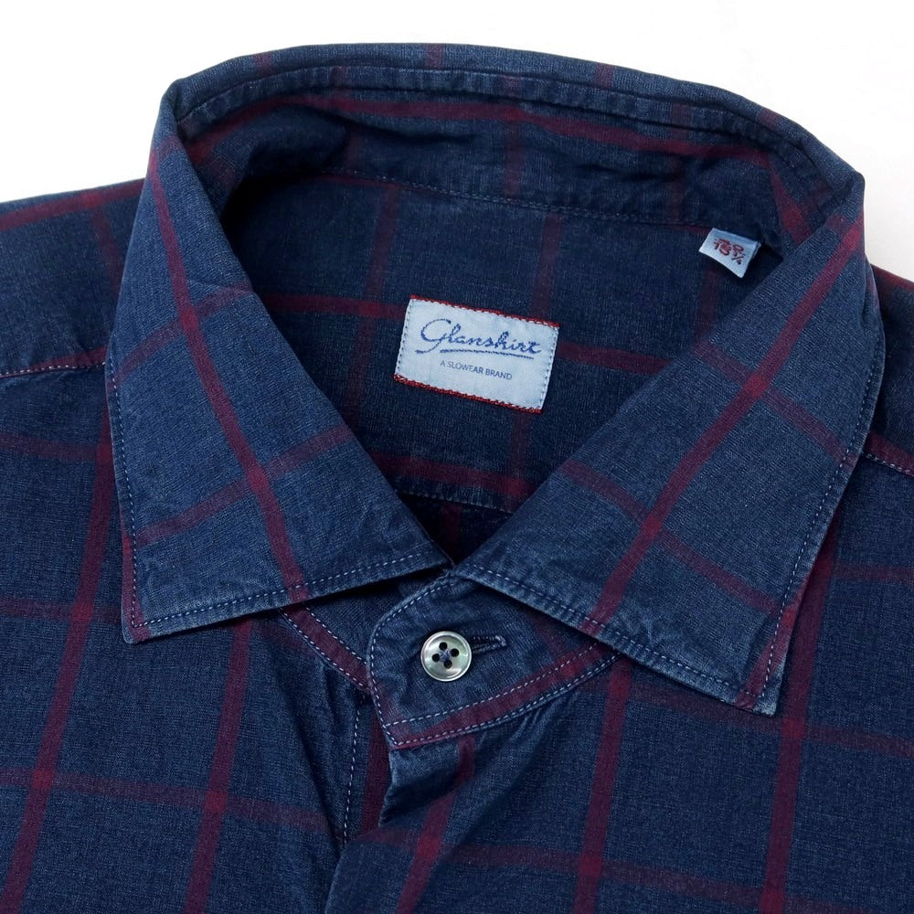【中古】グランシャツ Glanshirt コットン チェック セミワイドカラー カジュアルシャツ ネイビー【 40 】【 状態ランクA 】【 メンズ 】