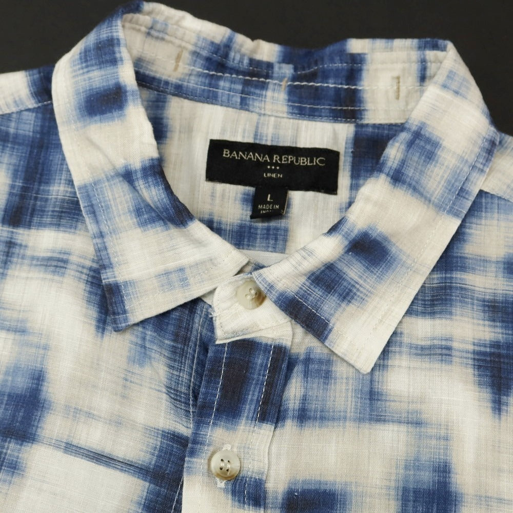 【中古】バナナリパブリック Banana Republic リネンコットン 半袖シャツ ネイビーxベージュ【 L 】【 状態ランクB 】【 メンズ 】