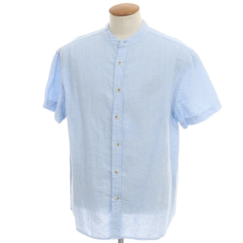 【中古】バナナリパブリック Banana Republic リネンコットン ハウンドトゥース バンドカラー 半袖シャツ ライトブルーxホワイト【 M 】【 状態ランクB 】【 メンズ 】