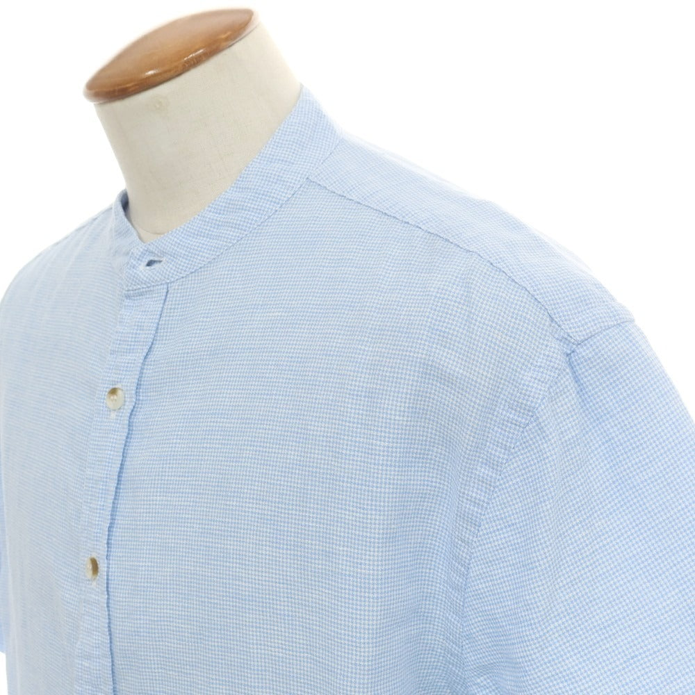 【中古】バナナリパブリック Banana Republic リネンコットン ハウンドトゥース バンドカラー 半袖シャツ ライトブルーxホワイト【 M 】【 状態ランクB 】【 メンズ 】