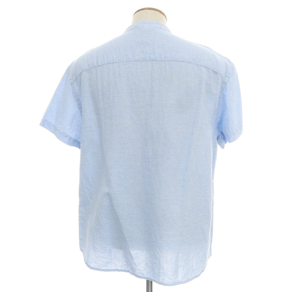 【中古】バナナリパブリック Banana Republic リネンコットン ハウンドトゥース バンドカラー 半袖シャツ ライトブルーxホワイト【 M 】【 状態ランクB 】【 メンズ 】