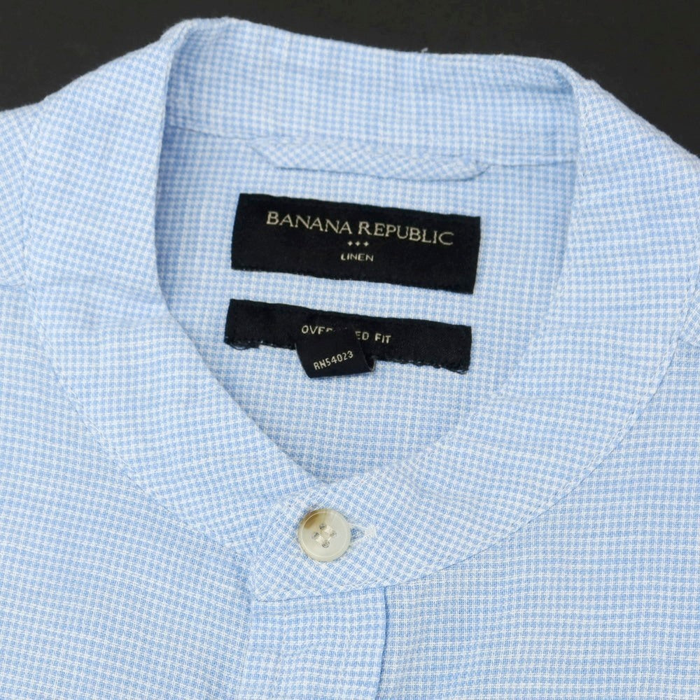 【中古】バナナリパブリック Banana Republic リネンコットン ハウンドトゥース バンドカラー 半袖シャツ ライトブルーxホワイト【 M 】【 状態ランクB 】【 メンズ 】