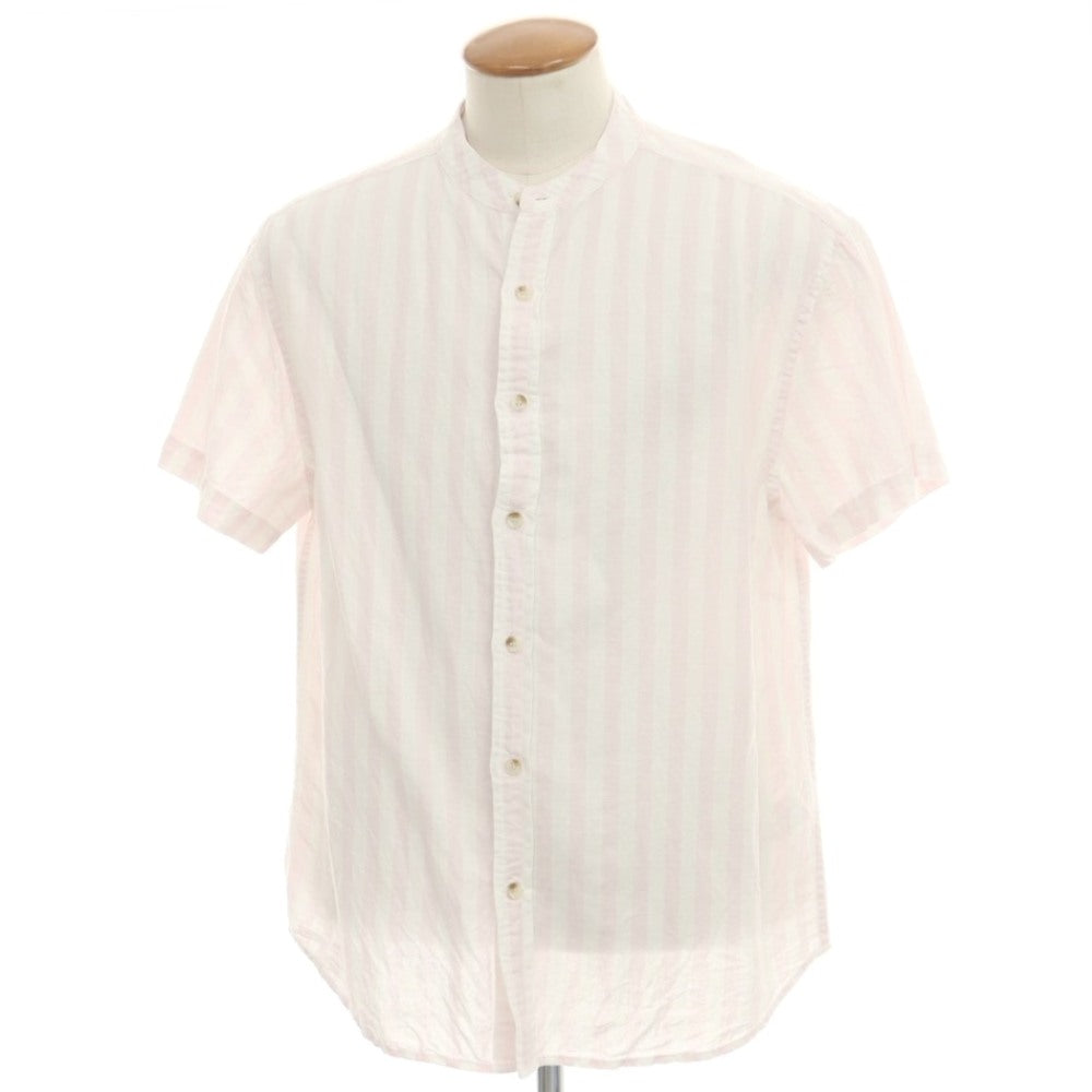【中古】バナナリパブリック Banana Republic リネンコットン ストライプ バンドカラー 半袖シャツ ライトピンクxホワイト【 M 】【 状態ランクB 】【 メンズ 】