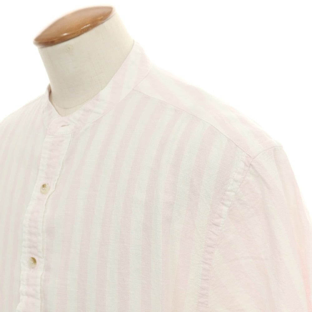 【中古】バナナリパブリック Banana Republic リネンコットン ストライプ バンドカラー 半袖シャツ ライトピンクxホワイト【 M 】【 状態ランクB 】【 メンズ 】
