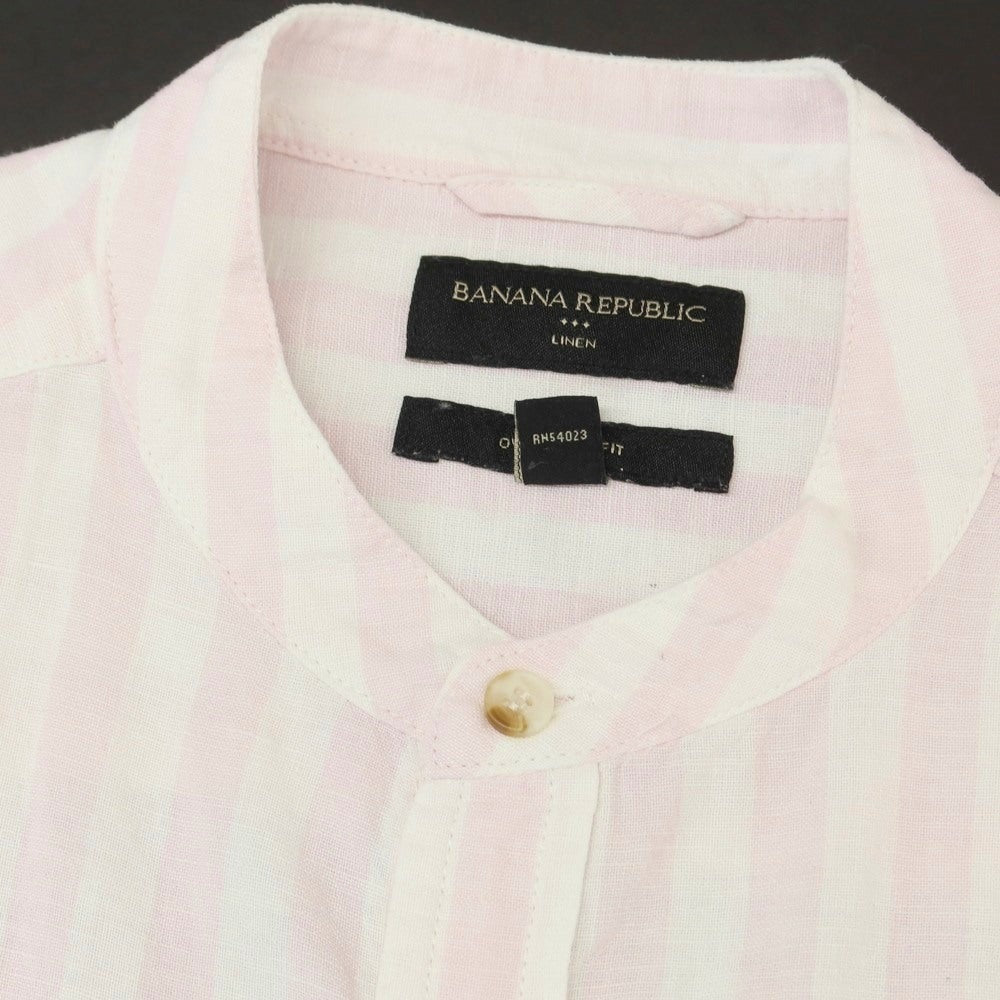 【中古】バナナリパブリック Banana Republic リネンコットン ストライプ バンドカラー 半袖シャツ ライトピンクxホワイト【 M 】【 状態ランクB 】【 メンズ 】