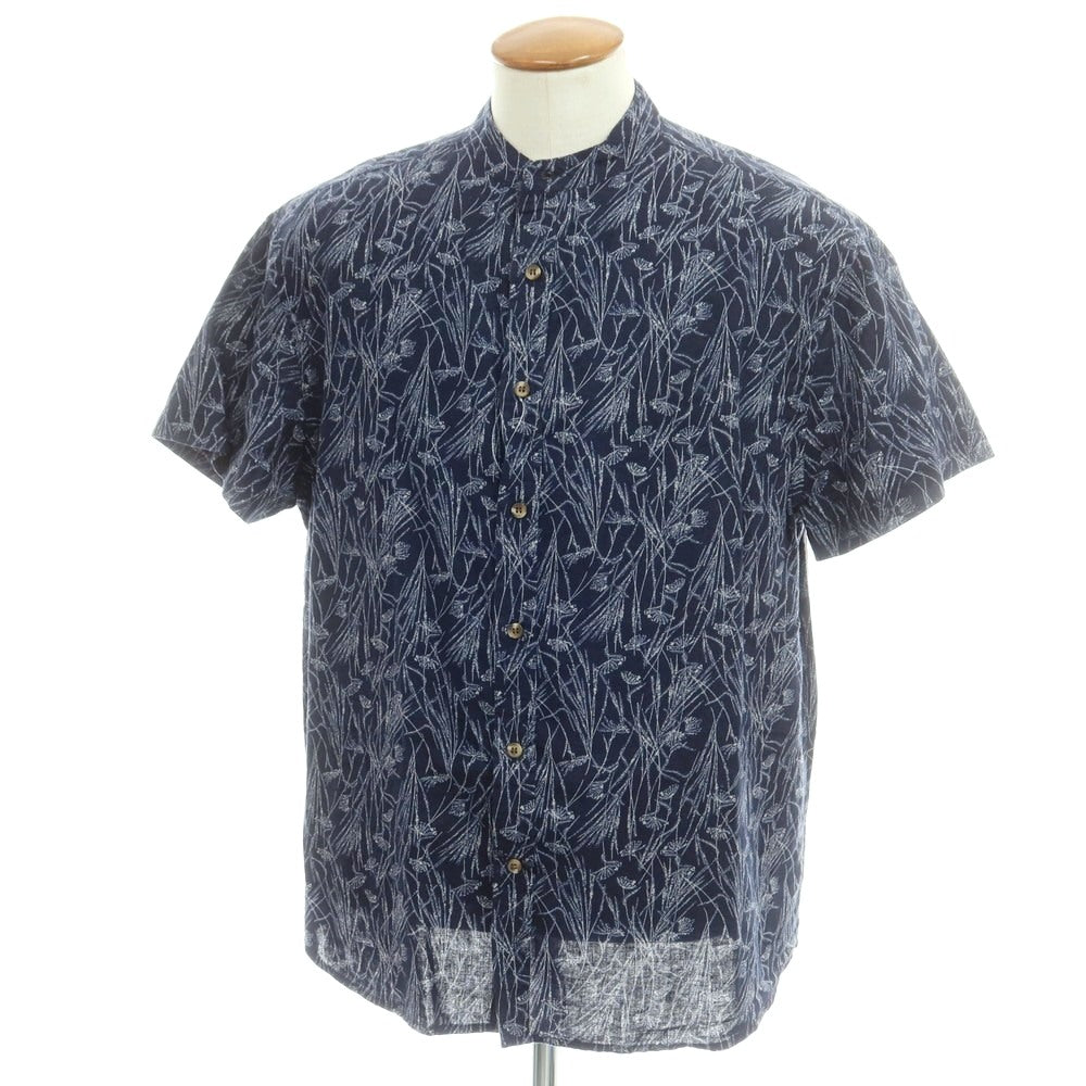 【中古】バナナリパブリック Banana Republic リネンコットン バンドカラー 半袖シャツ ネイビー【 M 】【 状態ランクB 】【 メンズ 】