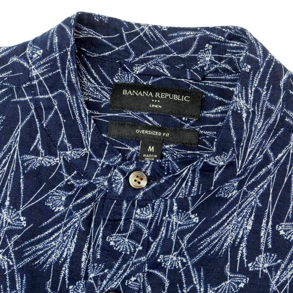 【中古】バナナリパブリック Banana Republic リネンコットン バンドカラー 半袖シャツ ネイビー【 M 】【 状態ランクB 】【 メンズ 】