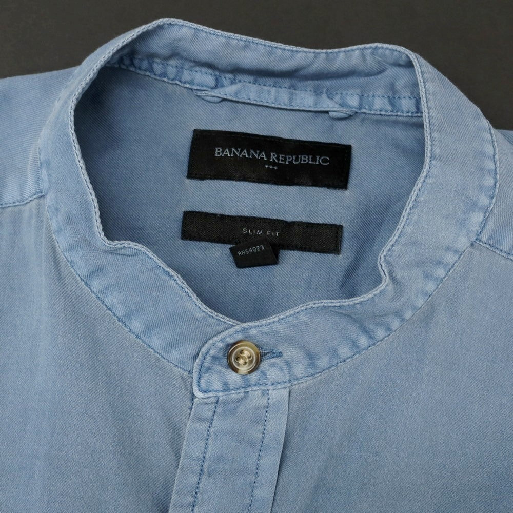 【中古】バナナリパブリック Banana Republic コットン バンドカラー 半袖シャツ スモーキーブルー【 M 】【 状態ランクB 】【 メンズ 】