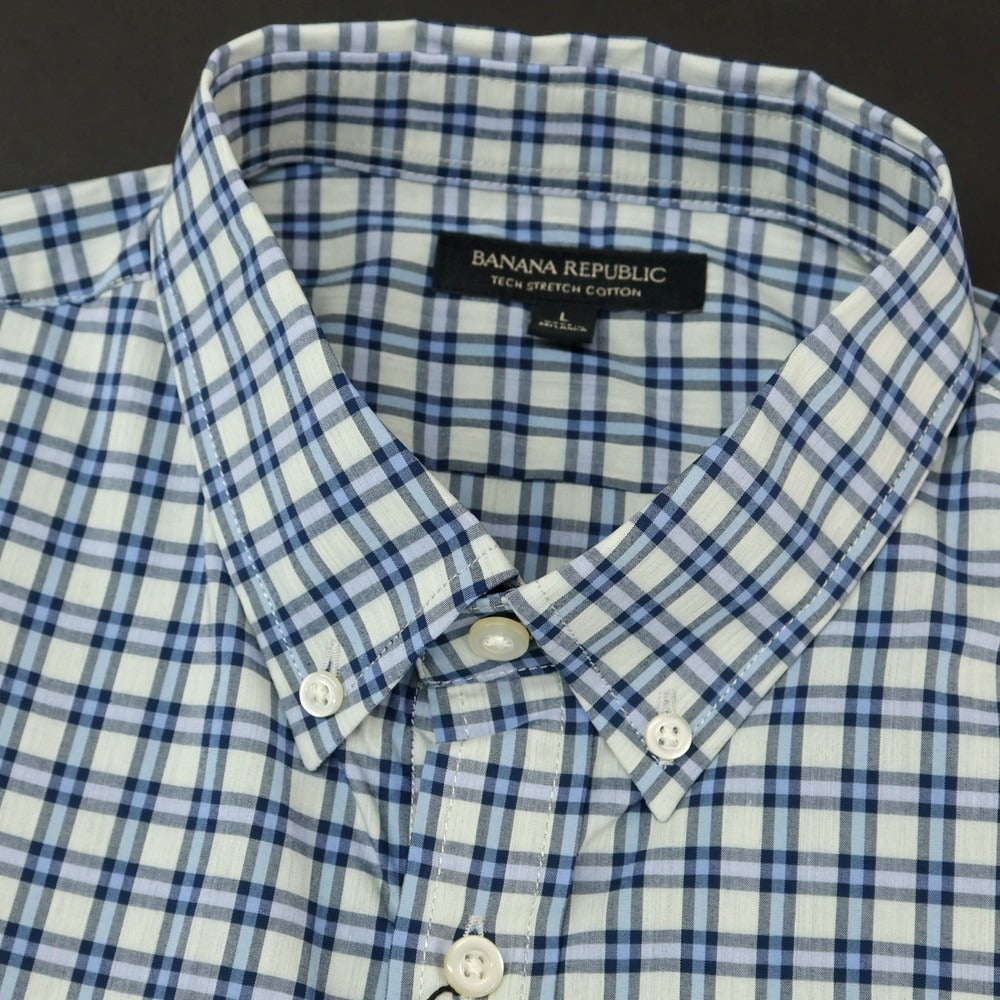 【中古】【未使用】バナナリパブリック Banana Republic ストレッチ コットンポリエステル チェック ボタンダウン カジュアルシャツ ライトアッシュグリーン系xスマルトブルー【 L 】【 状態ランクS 】【 メンズ 】