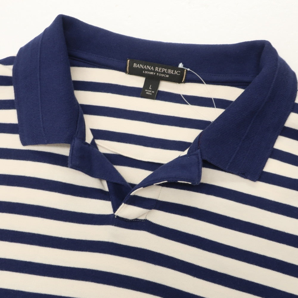 【中古】バナナリパブリック Banana Republic コットン ボーダー スキッパー 半袖ポロシャツ ネイビーxアイボリー【 L 】【 状態ランクB 】【 メンズ 】