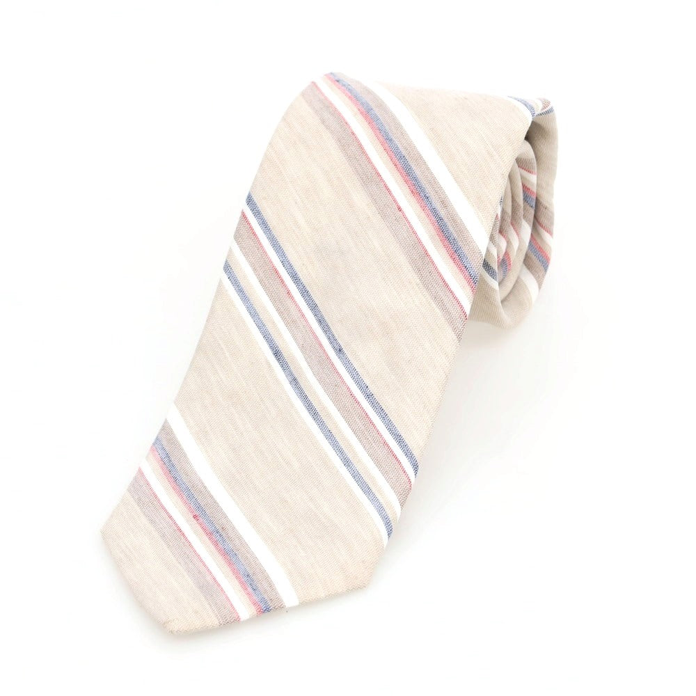 【新品】ブリューワー BREUER シルクリネン ストライプ柄ネクタイ ベージュxレッド【 状態ランクN 】【 メンズ 】