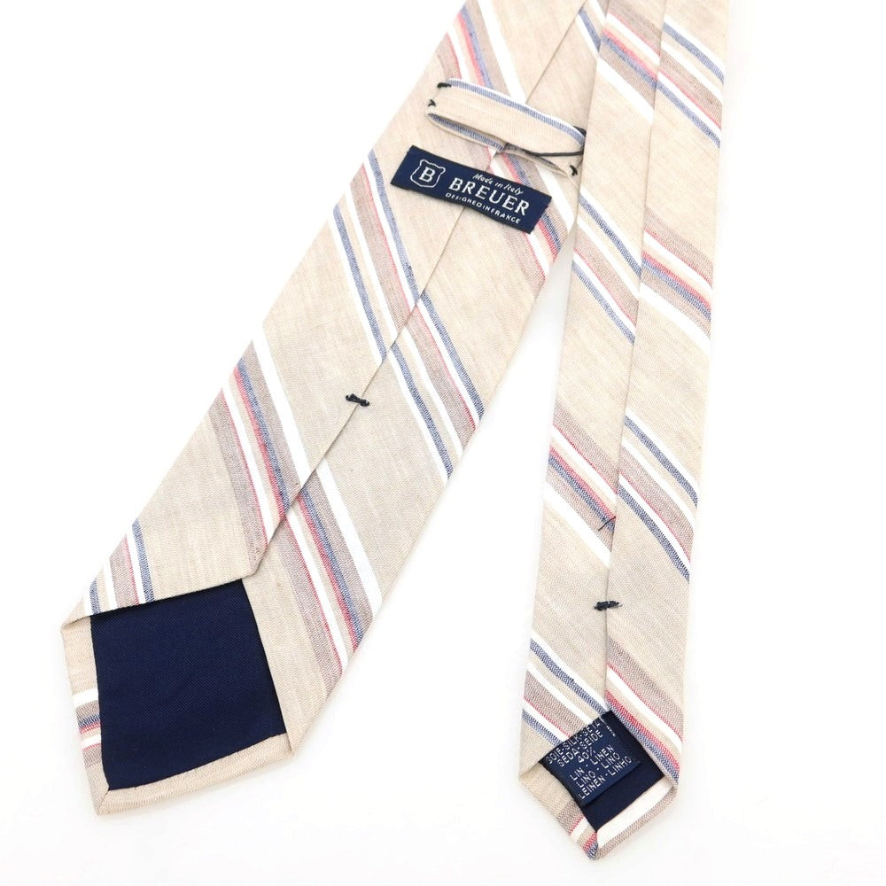 【新品】ブリューワー BREUER シルクリネン ストライプ柄ネクタイ ベージュxレッド【 状態ランクN 】【 メンズ 】