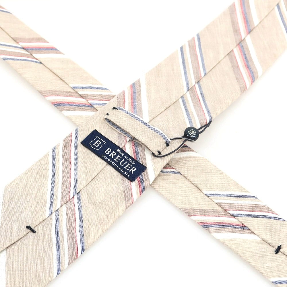 【新品】ブリューワー BREUER シルクリネン ストライプ柄ネクタイ ベージュxレッド【 状態ランクN 】【 メンズ 】